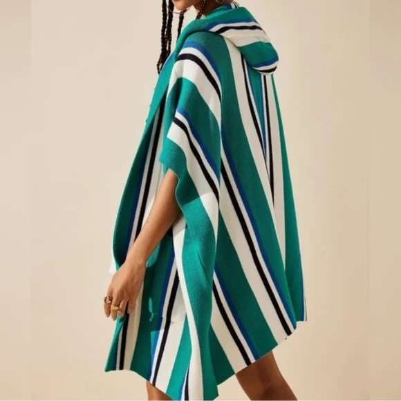 Free People One Size Poncho Striped Hooded Open Knit Kimono Pockets Green White - Picture 2 of 16